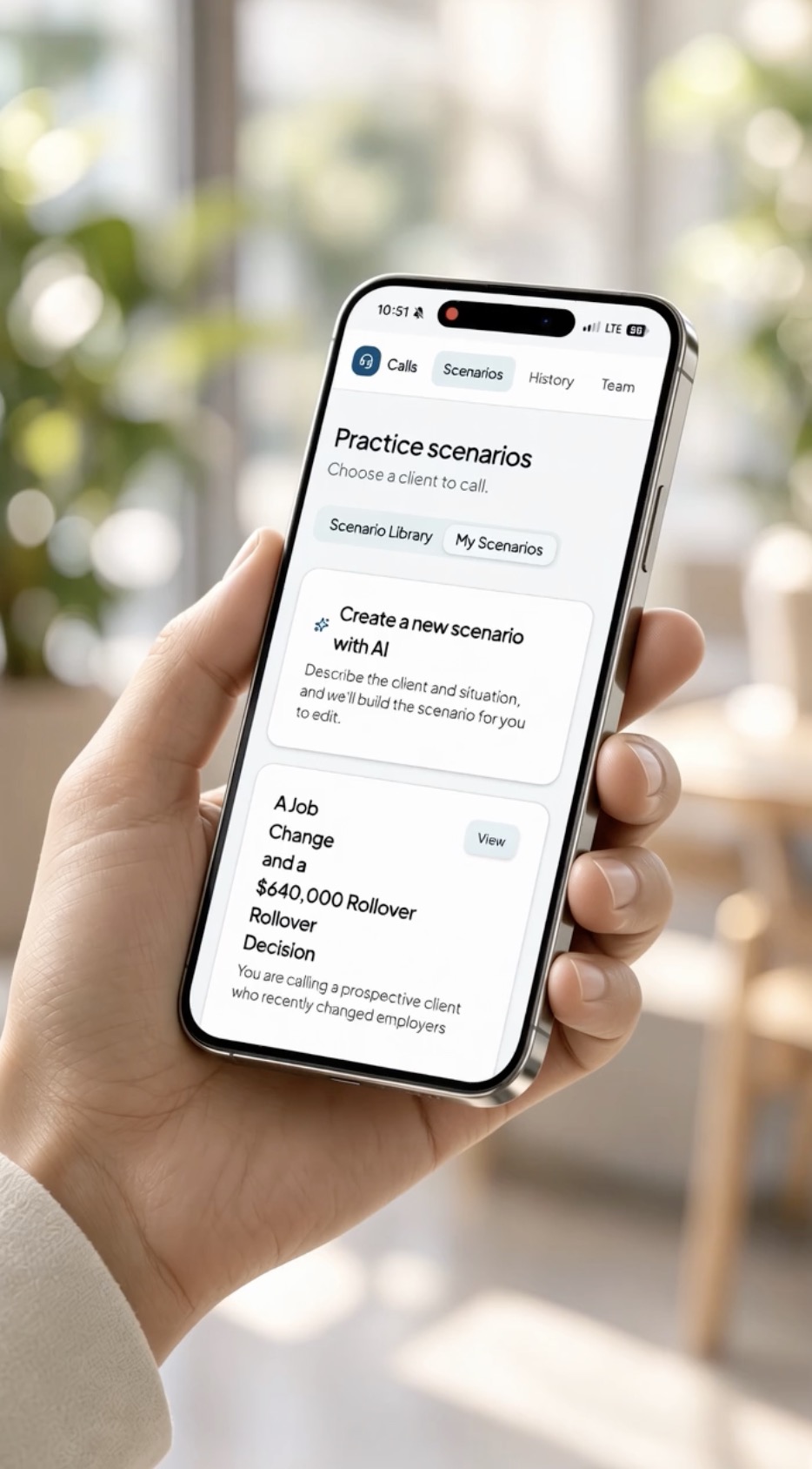 Calls scenario library displayed on a phone held in hand